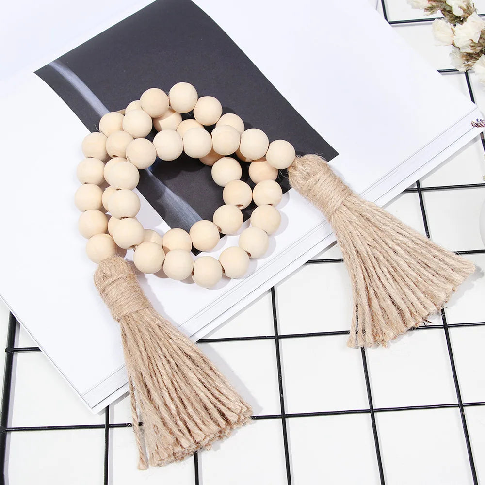 Boho Wood Bead Ornament with Jute Tassels