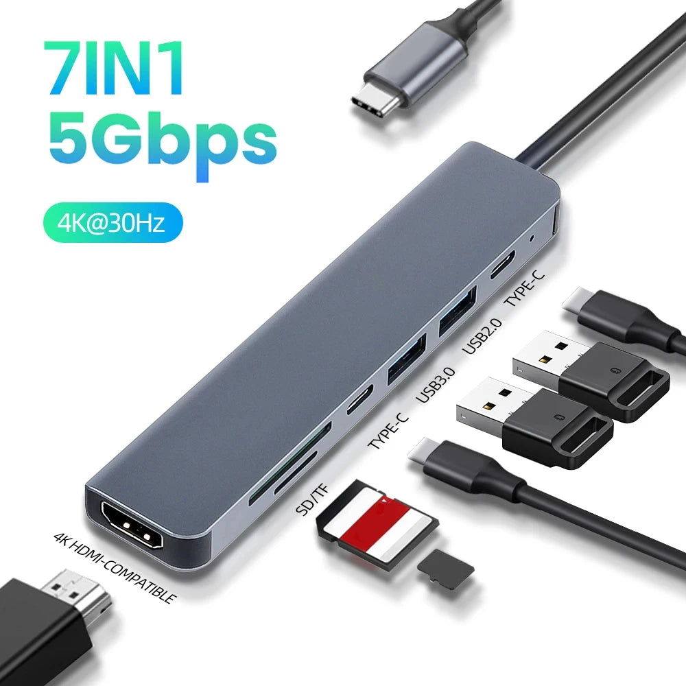 7 in 1 USB C Hub Multiport Adapter to 4K HDMI-compatible, Docking Station USB3.0 5Gbps SD/TF PD 100w For MacBook Pro/Air Laptop