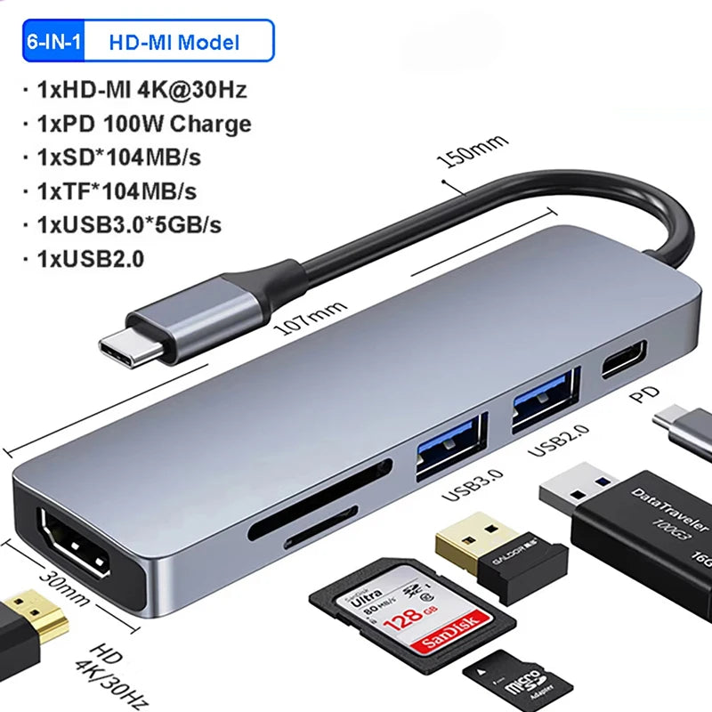 7 in 1 USB C Hub Multiport Adapter to 4K HDMI-compatible, Docking Station USB3.0 5Gbps SD/TF PD 100w For MacBook Pro/Air Laptop