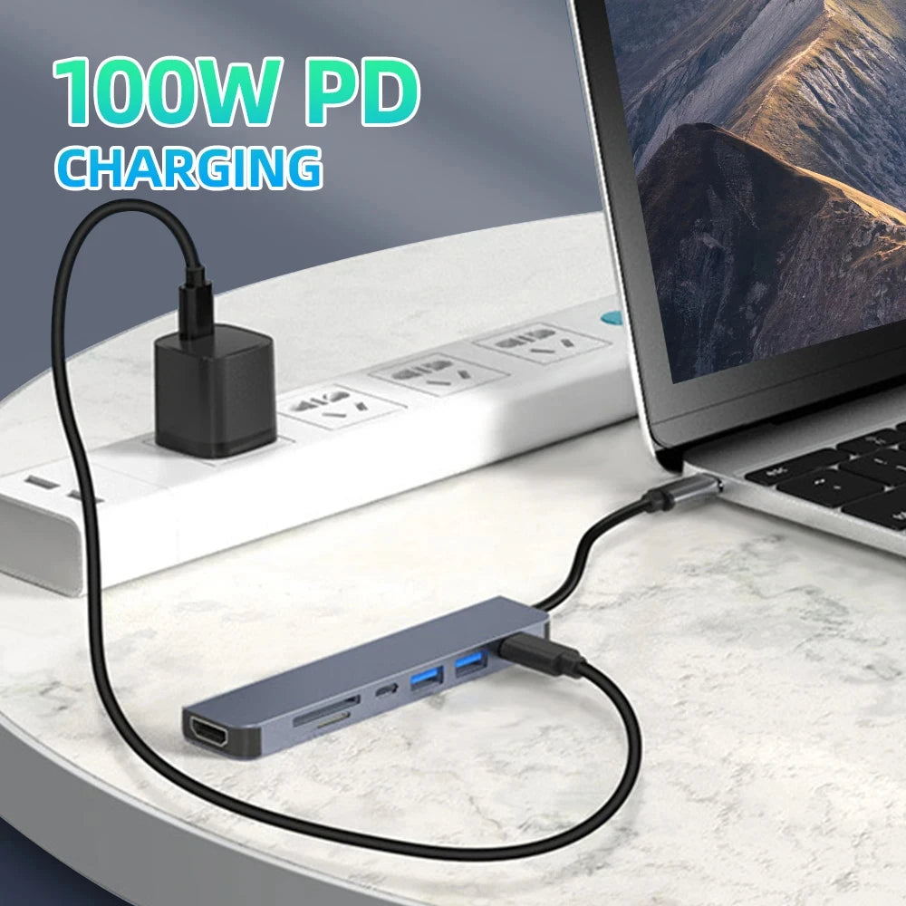 7 in 1 USB C Hub Multiport Adapter to 4K HDMI-compatible, Docking Station USB3.0 5Gbps SD/TF PD 100w For MacBook Pro/Air Laptop