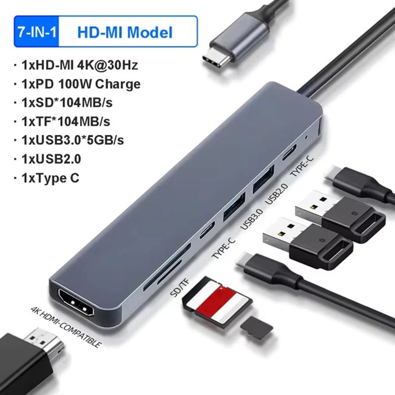 7 in 1 USB C Hub Multiport Adapter to 4K HDMI-compatible, Docking Station USB3.0 5Gbps SD/TF PD 100w For MacBook Pro/Air Laptop